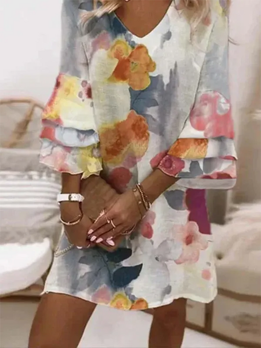 Casual V neck Floral Three Quarter Sleeve Woven Tunic Dress