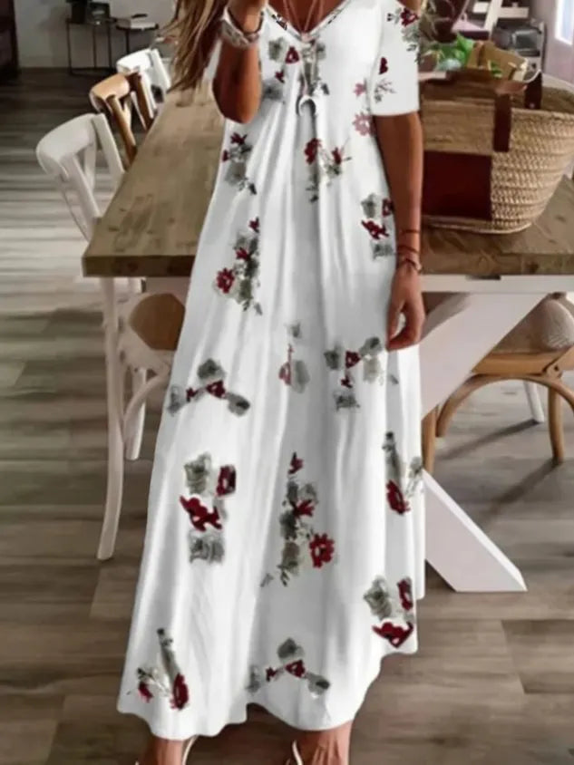 Casual Floral Short Sleeve V Neck Plus Size Printed Dress
