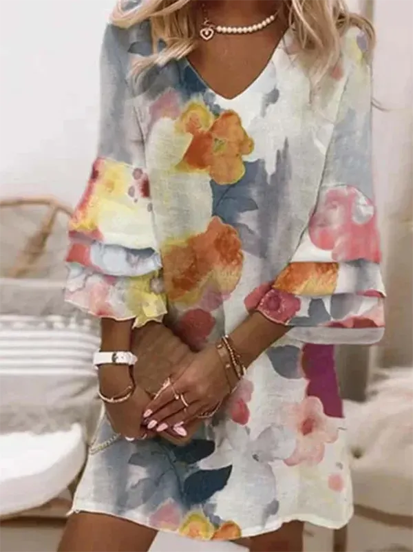 Casual V neck Floral Three Quarter Sleeve Woven Tunic Dress