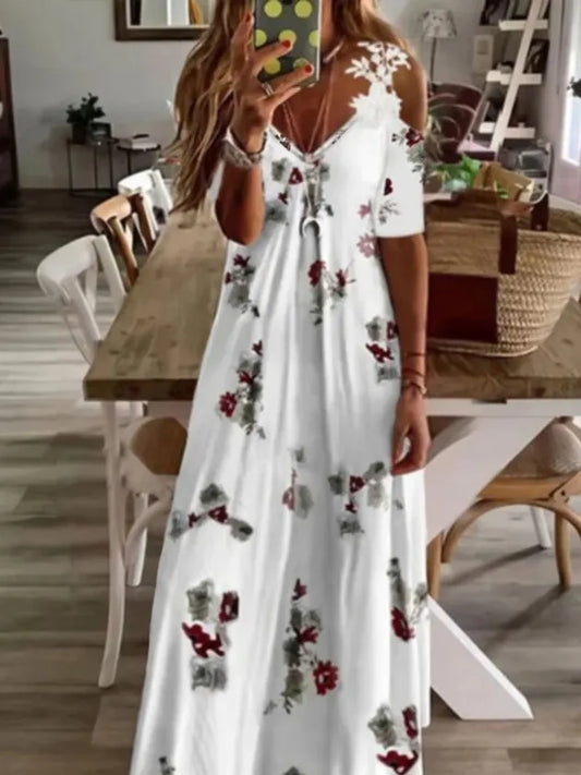 Casual Floral Short Sleeve V Neck Plus Size Printed Dress