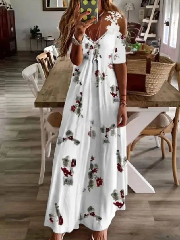 Casual Floral Short Sleeve V Neck Plus Size Printed Dress