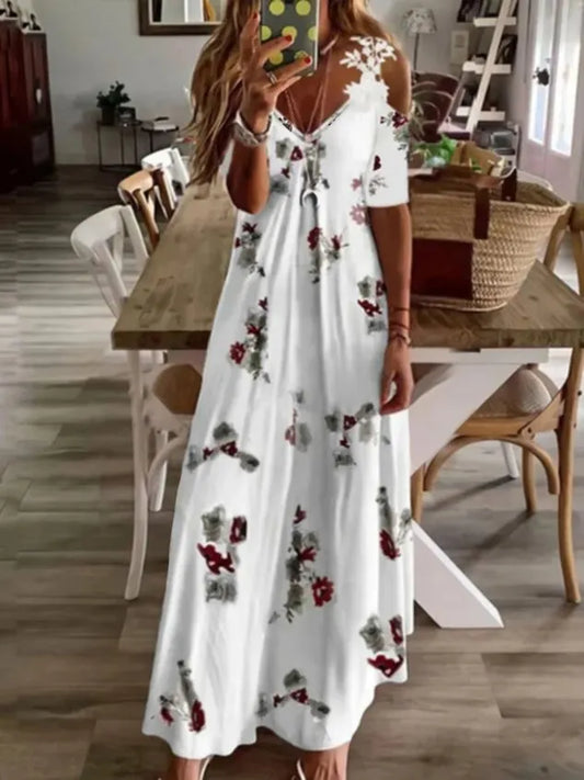 Casual Floral Short Sleeve V Neck Plus Size Printed Dress